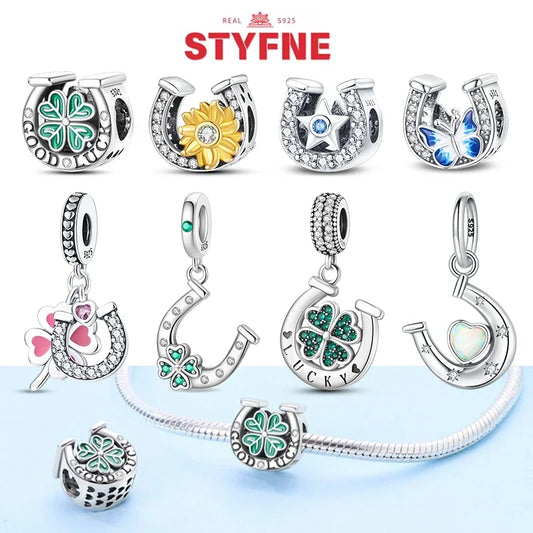 Silber S925 Glück Charms Bunte Vierblättriges Kleeblatt Hufeisen Perlen Fit Original Armbänder für Frauen Party Feine Geschenke DIY
