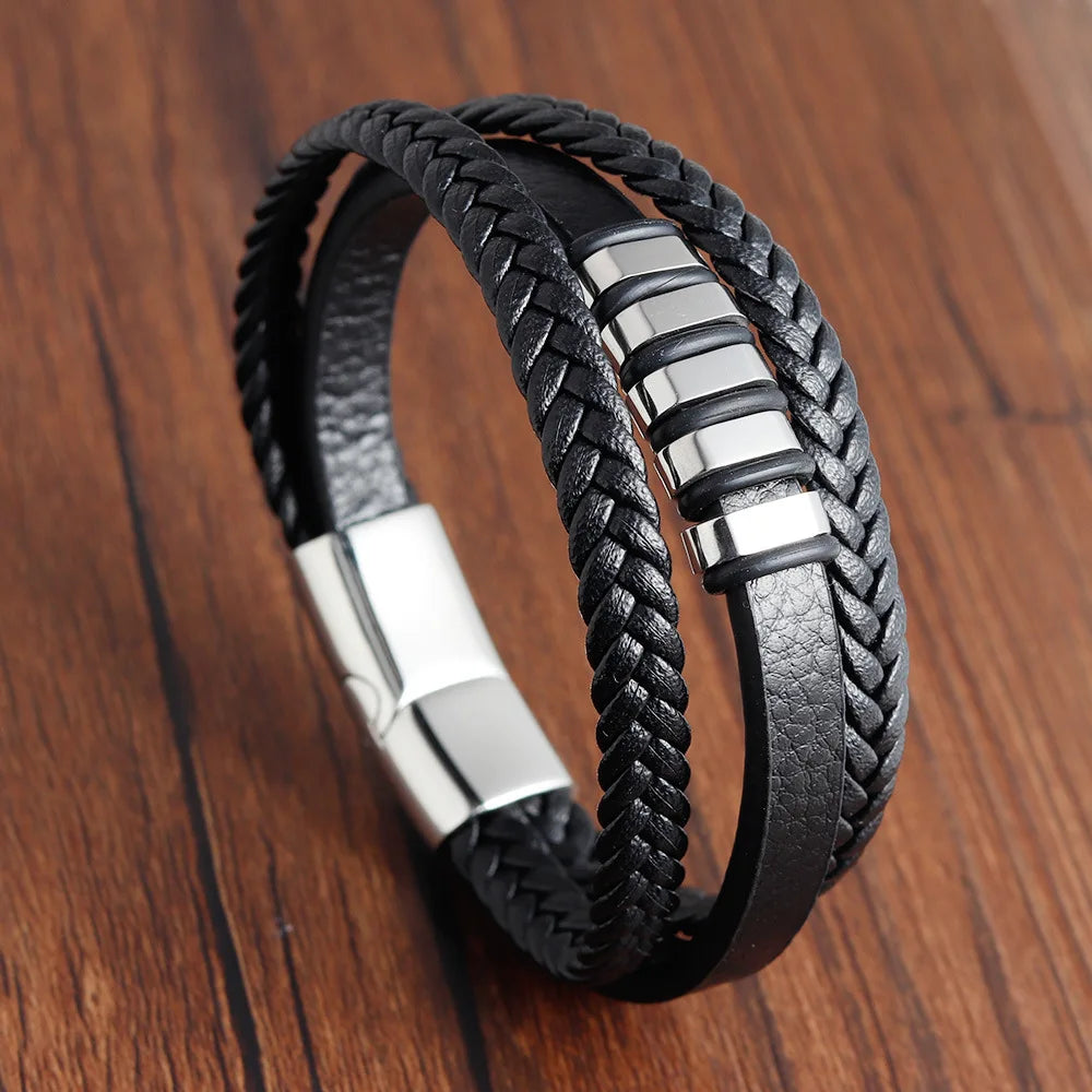 Charm Braid Rope Bracelet For Men Stainless Steel Magnetic Buckle Genuine Leather Bracelets &amp; Bangles Male Female Jewelry