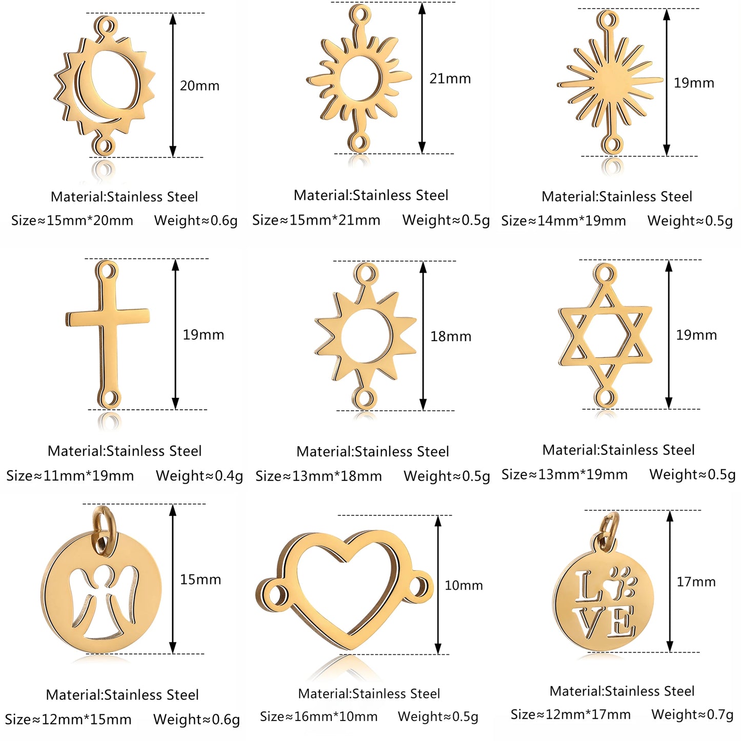 5Pcs Hohl Stern/Mond/Sonne Doppel Loch Charme Edelstahl Halskette Armband Anhänger DIY Link Stecker Schmuck machen Liefert
