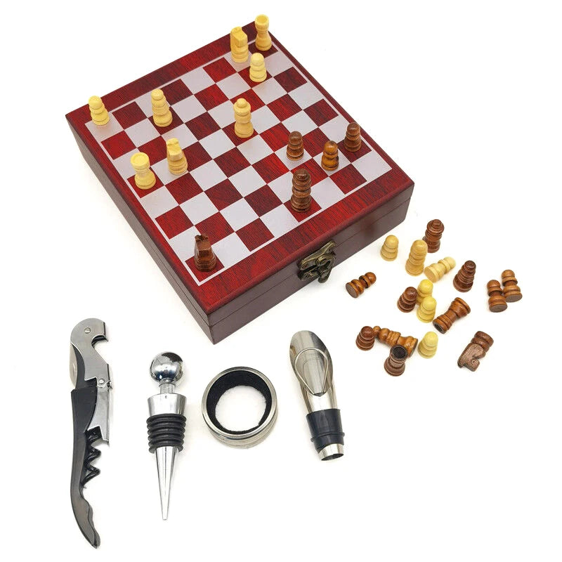 【Peace】Weinöffner-Set mit Schachbrett, 4-teiliges Weinzubehör-Set, geeignet für Unterhaltung, Weinliebhaber und als Geschenke