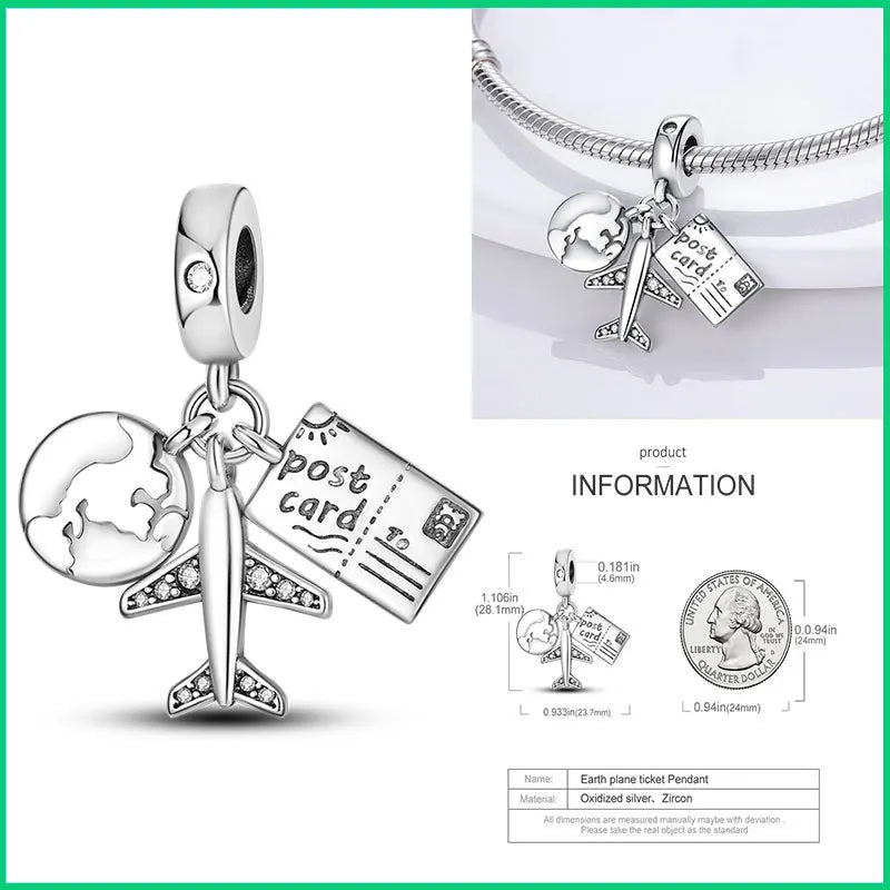 Charms aus 925er-Sterlingsilber, Flugzeug, Reisepass, Elefant, Perlenanhänger, passend für Original-Armbänder, für Frauen, Geburtstag, Modeschmuck, Geschenk