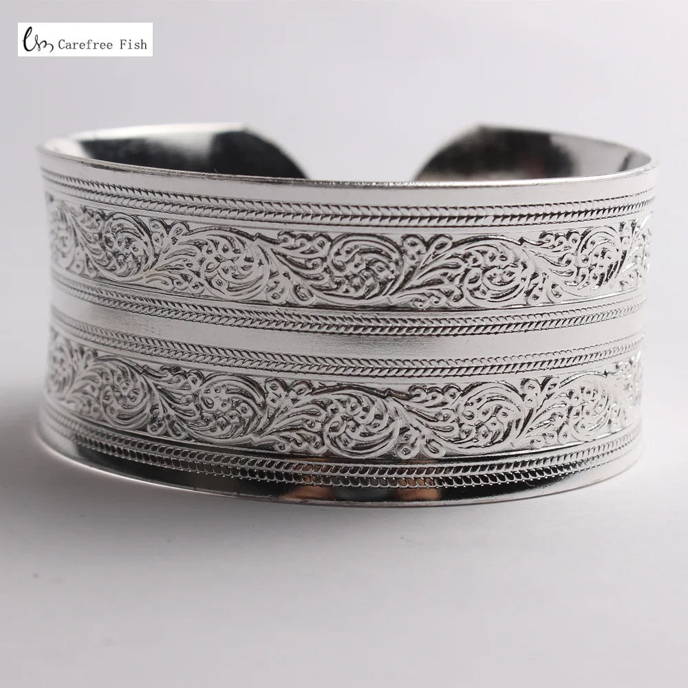 32-Stil Vintage-Manschettenarmband, tibetisch versilbert, geschnitzte Blume, Tier-Öffnungsarmreif, verstellbar, indischer Schmuck, Damen-Geschenke