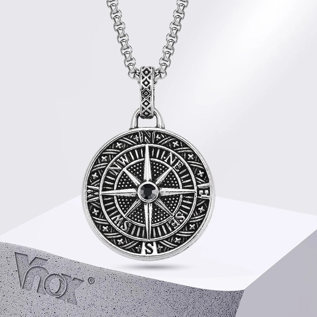 Vnox Vintage-Kompass-Anhänger-Halsketten für Männer und Jungen, Münz-Halskette aus Edelstahl, Rock-Hiphop-Kragen, Abschluss-Gid-Geschenk
