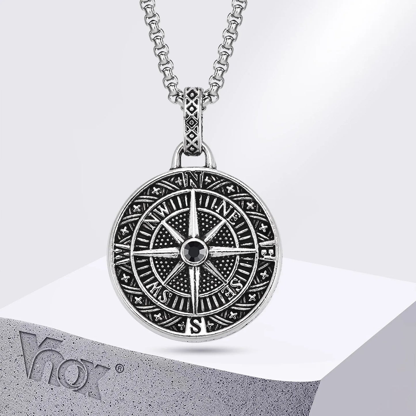 Vnox Vintage Compass Pendant Necklaces for Men and Boys, Stainless Steel Coin Necklace, Rock Hiphop Collar, Graduation Gid Gift
