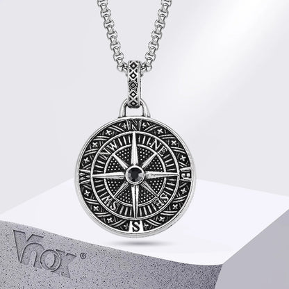 Vnox Vintage Compass Pendant Necklaces for Men and Boys, Stainless Steel Coin Necklace, Rock Hiphop Collar, Graduation Gid Gift