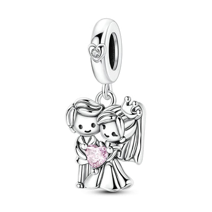Valentinstag-Charm aus 925er Silber, Bräutigam und Braut, baumelnder Charm, passend für Armbänder, Perlen zum Selbermachen, für Damenschmuck