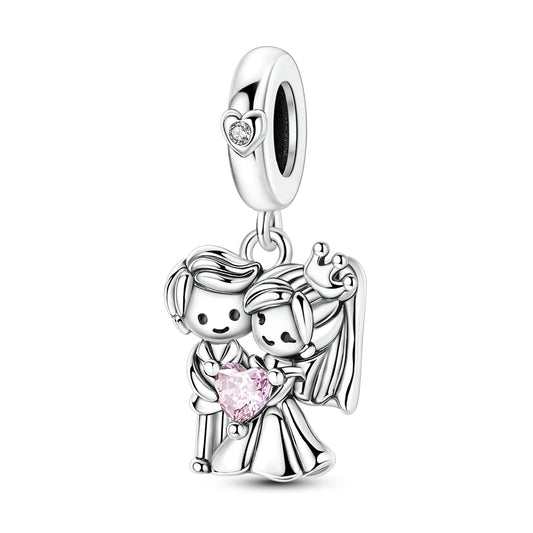Valentinstag-Charm aus 925er Silber, Bräutigam und Braut, baumelnder Charm, passend für Armbänder, Perlen zum Selbermachen, für Damenschmuck