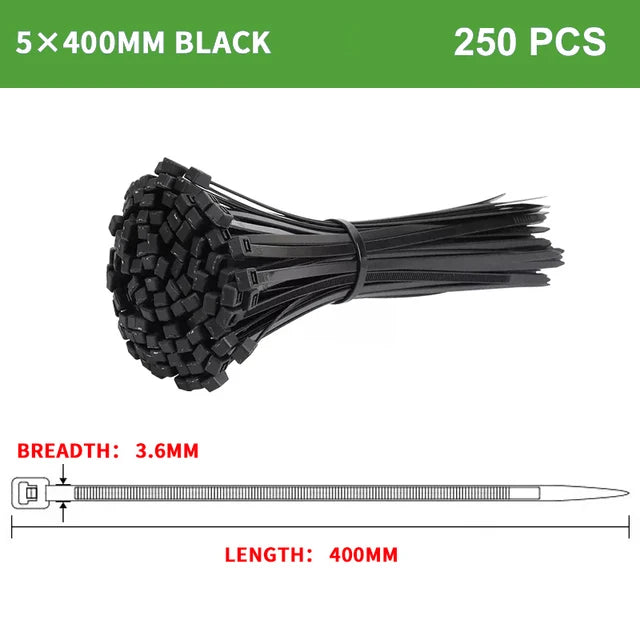 250 Stück selbstsichernder Kunststoff-Nylon-Kabelbinder, schwarz, 5 x 300 Kabelbinder, 8 x 200 mm, Befestigungsring, Kabelbinder, Reißverschluss, Wraps, Riemen, Nylon-Kabelbinder-Set
