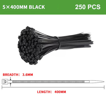 250 Stück selbstsichernder Kunststoff-Nylon-Kabelbinder, schwarz, 5 x 300 Kabelbinder, 8 x 200 mm, Befestigungsring, Kabelbinder, Reißverschluss, Wraps, Riemen, Nylon-Kabelbinder-Set