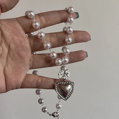 Y2K Weiße Imitation Perle Halskette Große Liebe Herz Mit Blumenmuster Anhänger Halsband Frauen Halskette Schmuck Mädchen