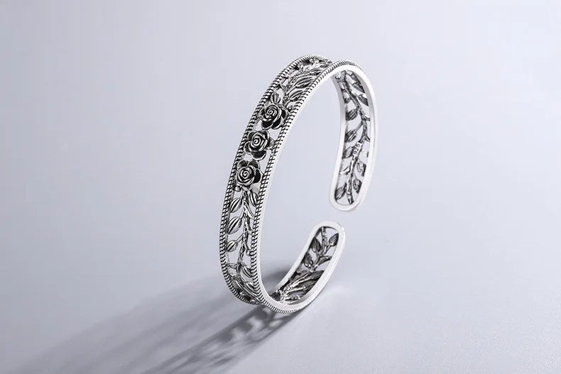 Neue Retro Rose Blatt Hohl Armbänder 925 Sterling Silber Schmuck Temperament Persönlichkeit Süße Blume Öffnung Armreifen TYB119