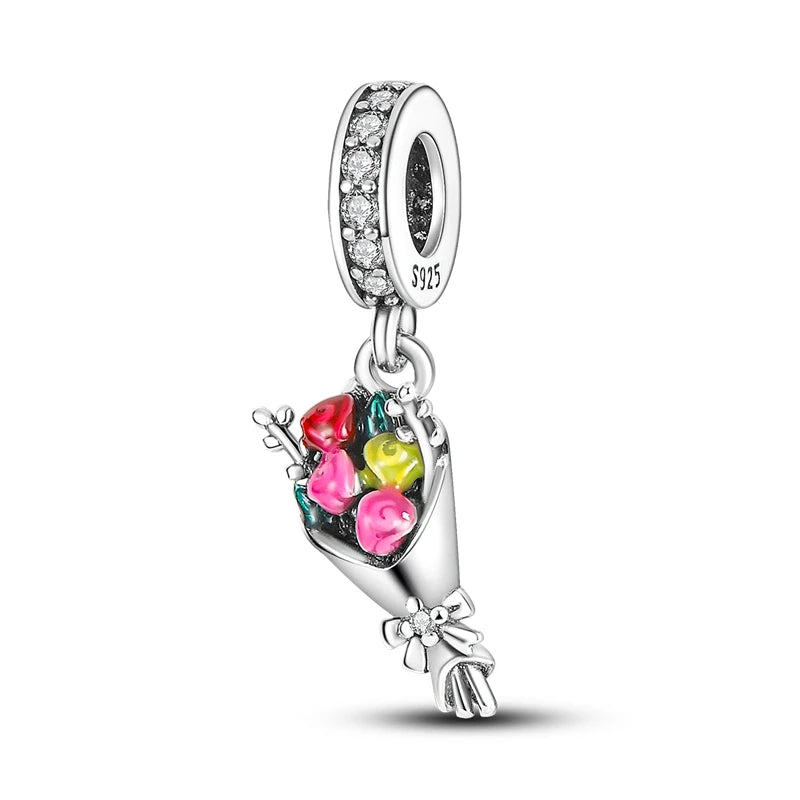 Blumen-Charms aus 925er Silber, Sonnenblumen-Tulpen-Anhänger, passend für Original-Pan-Armbänder zur Herstellung von Schmuck