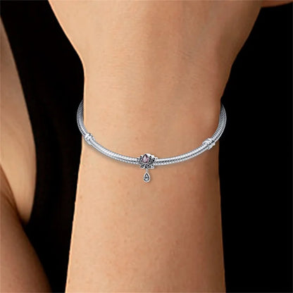 Lotus-Charm-Anhänger aus 925er-Sterlingsilber mit Zirkonia, passend für DIY-Armband-Halskette, Geschenk für Sie, Colgante Plata