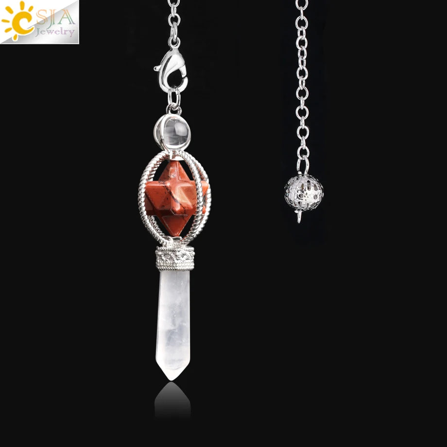 CSJA Esoterik Kristallpendel für Wünschelpen, Weissagung, Pendel, Merkaba, Naturstein-Anhänger, klarer Quarz, rote Bronze, G930