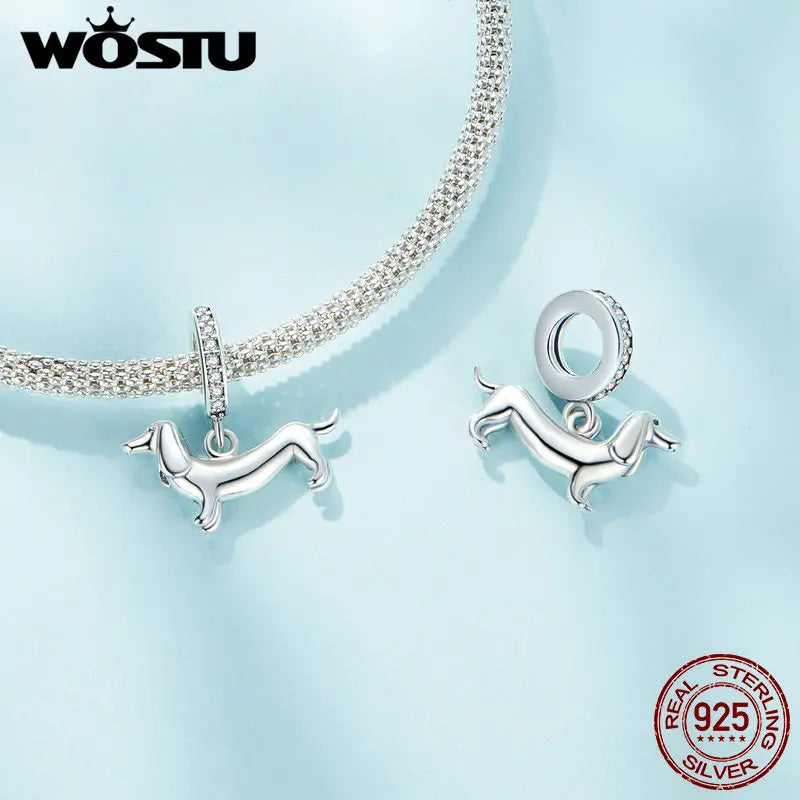 WOSTU Anhänger aus 925er-Sterlingsilber, Liebesherz-Charm, Dackel-Hund, lila Kristall, Lotus-Perlen, passend für Armband, DIY-Halskette, Mädchen-Geschenk