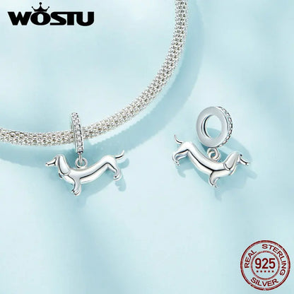 WOSTU Anhänger aus 925er-Sterlingsilber, Liebesherz-Charm, Dackel-Hund, lila Kristall, Lotus-Perlen, passend für Armband, DIY-Halskette, Mädchen-Geschenk