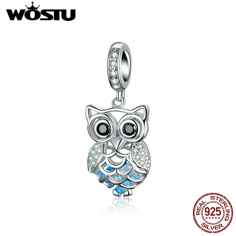 WOSTU Schöne 925 Sterling Silber Tier Eule Charms CZ Bead Fit Original Armband Anhänger Für Frauen Silber 925 Schmuck CQC1124