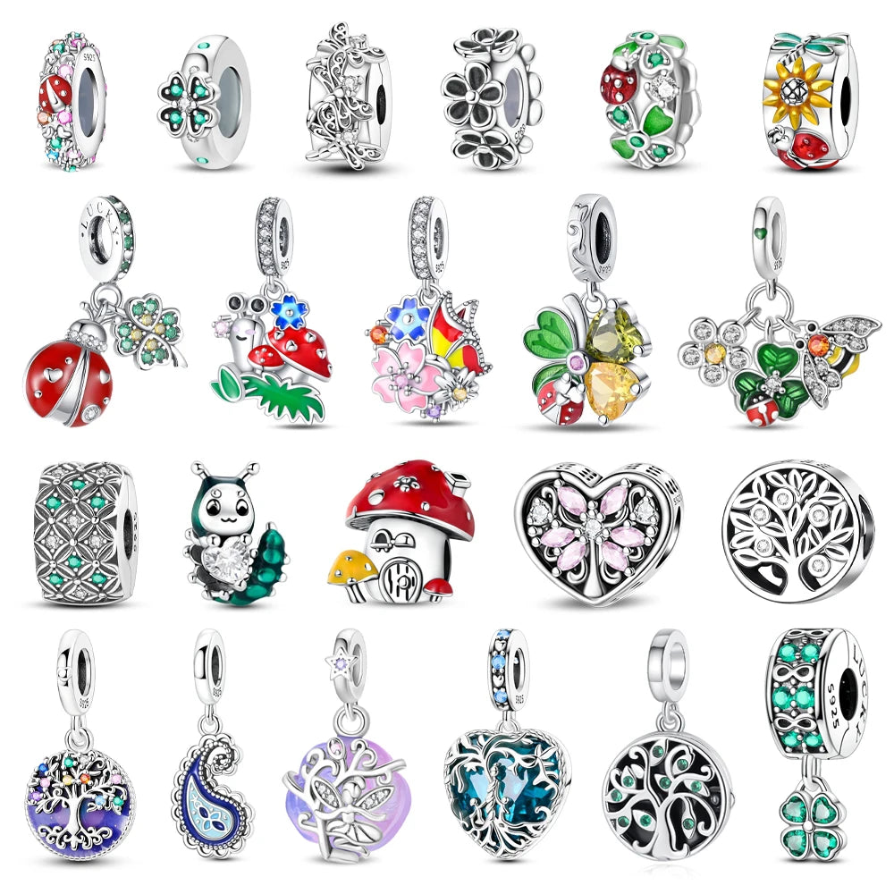 Niedlicher Raupenperlen aus 925er-Sterlingsilber, Schnecke und Bienen, vierblättriges Kleeblatt, baumelnder Charm, passend für Armbänder, bunte Anhänger-Geschenke