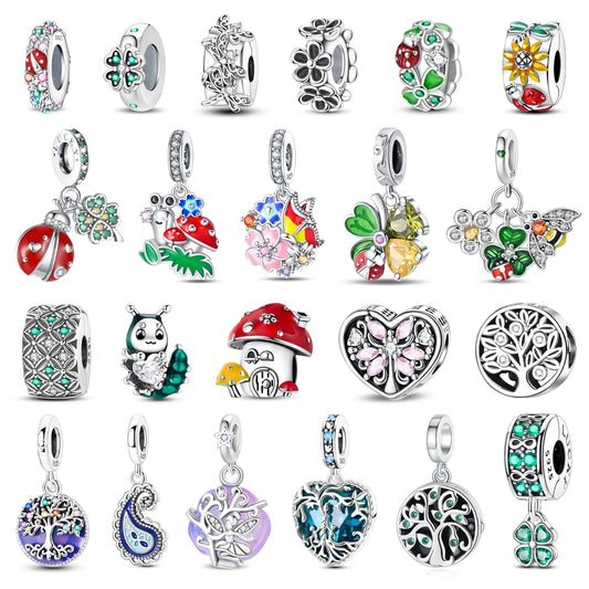 Niedlicher Raupenperlen aus 925er-Sterlingsilber, Schnecke und Bienen, vierblättriges Kleeblatt, baumelnder Charm, passend für Armbänder, bunte Anhänger-Geschenke