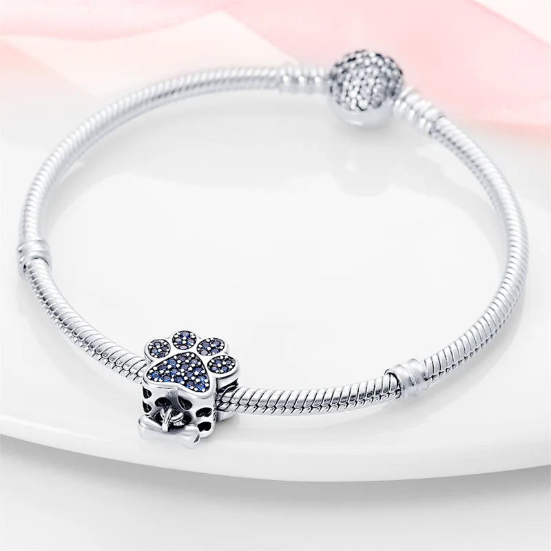 Charms-Anhänger aus 925er-Sterlingsilber mit Hunde-Fußabdrücke und Zirkonia, passend für DIY-Armbänder, Halsketten, Geschenk für Sie, Colgante Plata