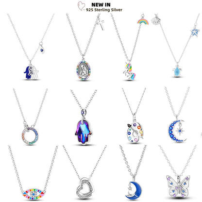 925 Sterling Silber blau Teufel Augen Palme Original Halskette Einhorn überlappen runde funkelnde Anhänger für Frauen Luxus Schmuck Geschenk
