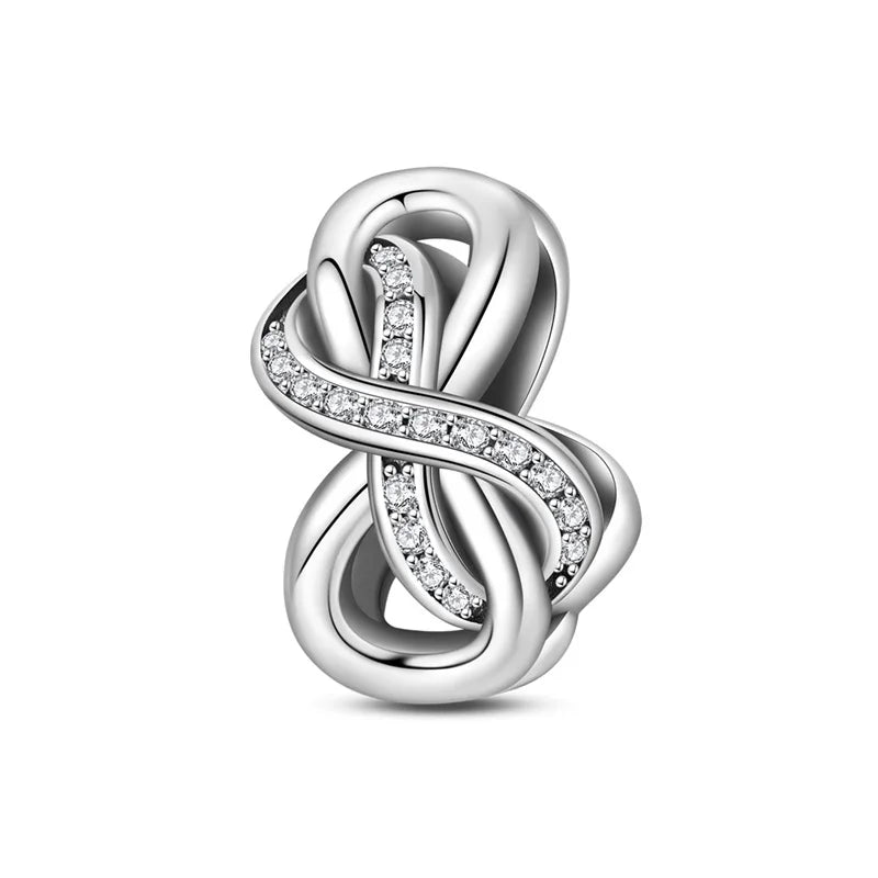 Romantische Schleifenperlen aus 925er-Sterlingsilber und herzförmiger, unendlicher baumelnder Charm, passend für Armbänder, schöne Schmuck-Accessoires, Geschenke