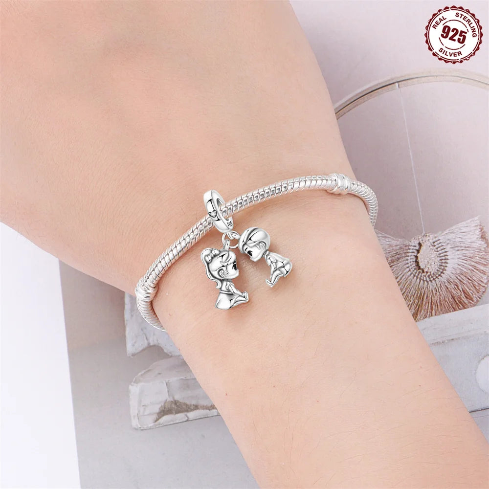 Charakter-Serie, 925er-Sterlingsilber, modisches Mädchen-Paar, Hochzeits-Charms, passend für DIY-Armbänder, Halsketten, exquisite Geschenk-Paarung