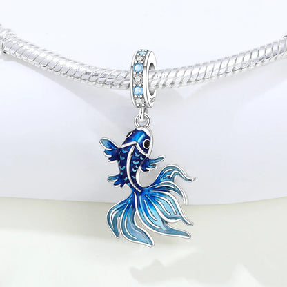 Blauer Charm, 925er Sterlingsilber, Ozeanperlen, Betta-Fisch-Anhänger, Geburtstagsfeier, Geschenk für Frauen, Armband, Halskette, DIY-Perlen, Schmuck