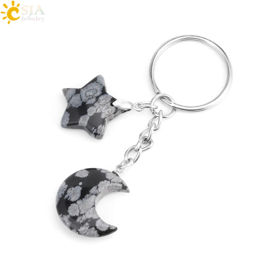 CSJA Healing Naturstein Schlüsselbund Trendy Mond Sterne Charm Bead Anhänger Silber Farbe Halter Schlüssel Ring Auto Schlüssel Ring Tasche Dekor H368