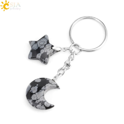 CSJA Healing Naturstein Schlüsselbund Trendy Mond Sterne Charm Bead Anhänger Silber Farbe Halter Schlüssel Ring Auto Schlüssel Ring Tasche Dekor H368