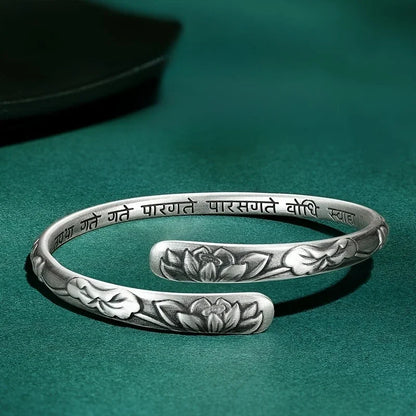Vintage 925 Thai Silber Lotusblume Manschettenarmband für Frauen Om Mani Padme Hum Buddhismus Ethnischer verstellbarer Armreif Schmuck