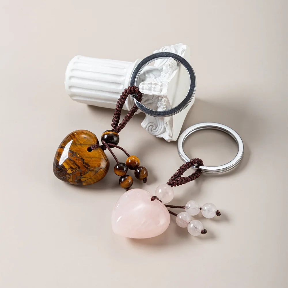 1PC Naturstein Herz Schlüsselanhänger Heilkristall Stein Rosenquarz Schmuck Quaste Schlüsselanhänger Taschenanhänger für Handtaschen