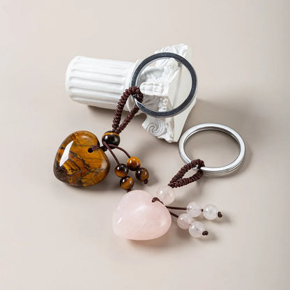 1PC Naturstein Herz Schlüsselanhänger Heilkristall Stein Rosenquarz Schmuck Quaste Schlüsselanhänger Taschenanhänger für Handtaschen