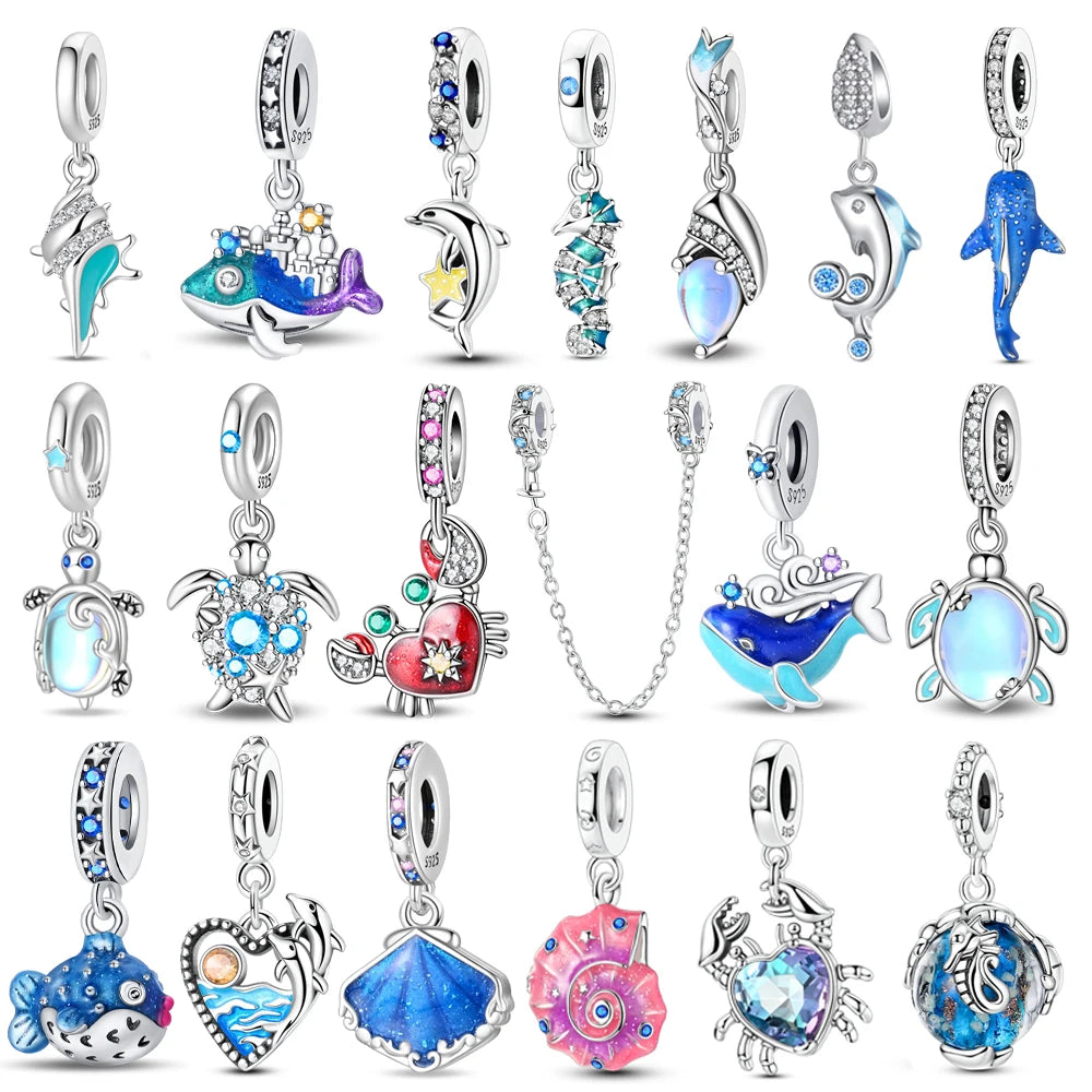 Beliebter Charm-Anhänger aus 925er-Sterlingsilber mit Delfin, sicherer Kette, Muschel und Qualle, passend für Armbänder, exquisites Strandparty-Geschenk