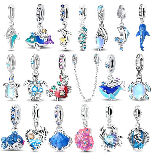 Beliebter Charm-Anhänger aus 925er-Sterlingsilber mit Delfin, sicherer Kette, Muschel und Qualle, passend für Armbänder, exquisites Strandparty-Geschenk