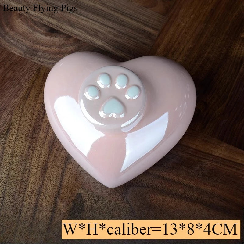 1 Piece Pink Ceramic Urn with Claw Print for Ashes, Small Cat and Dog Ceramic Ash Storage Jar, Pink Pet Hair Jar, Pet Funeral Supplies