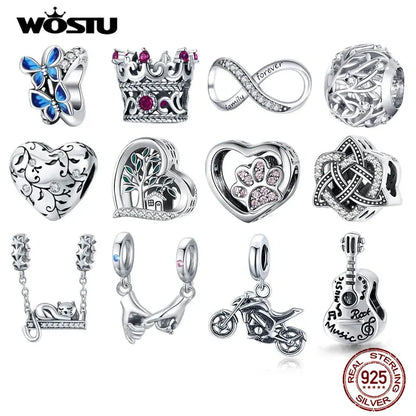 WOSTU Echt 925 Sterling Silber Herz Perlen Blume Retro Muster Charms Anhänger Fit Original DIY Armband Halskette Silber Schmuck
