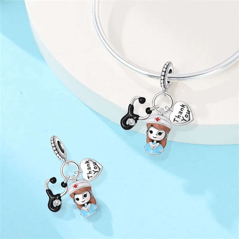 Original 925 Sterling Silber Charm Perlen Medizinische Serie Arzt Krankenschwester Pflege Für Zähne Anhänger Für Armband Edlen DIY Schmuck