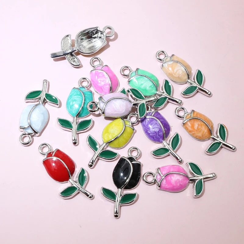 20 Stück 21x10mm Emaille Rose Knospe Blume Charms Anhänger Legierung Metall DIY Schmuckherstellung Zubehör Erkenntnisse für Halskette Ohrringe