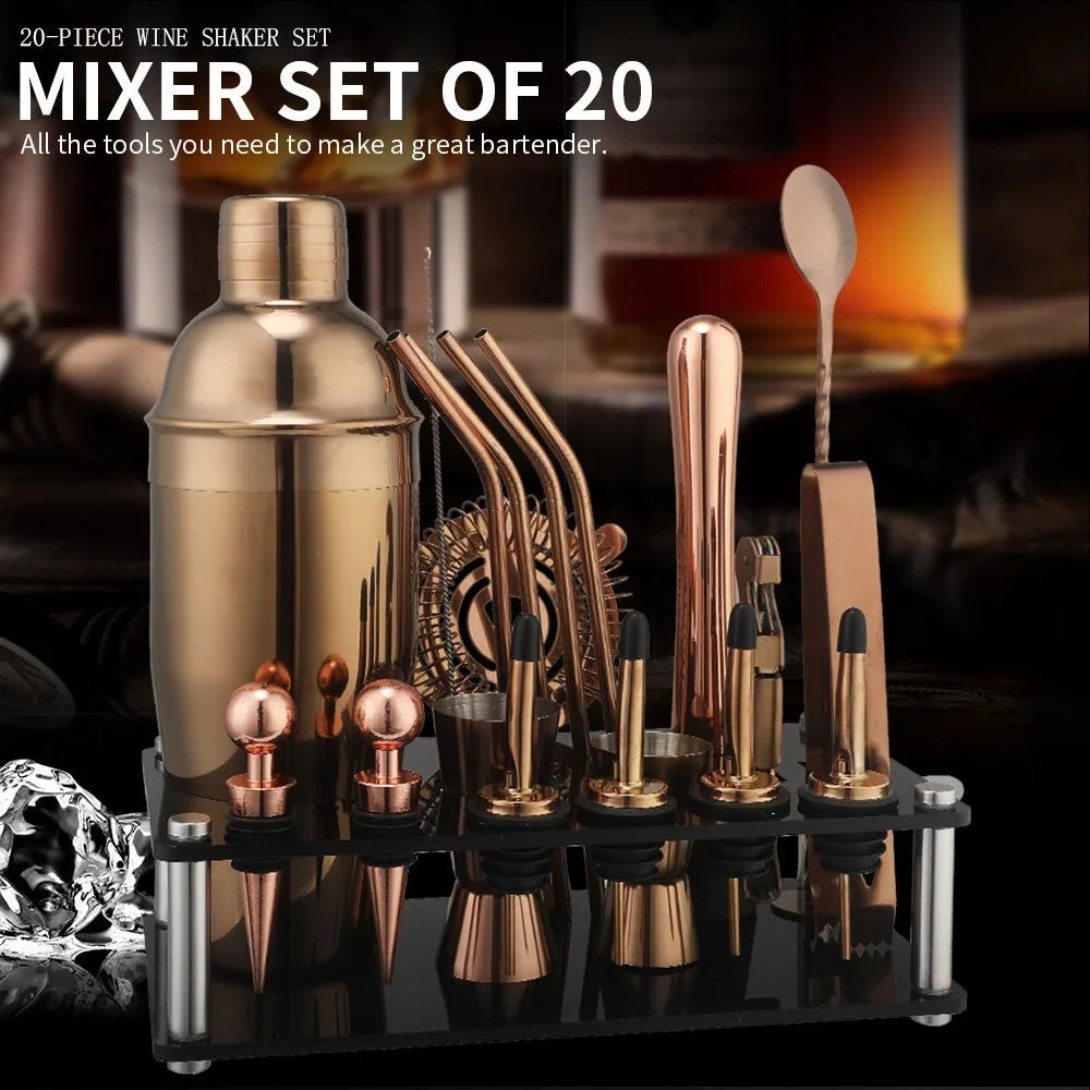 Cocktail-Shaker-Set, 20-teilig, Barkeeper-Set mit Ständer, Mixologie-Bar-Set, Getränkemixer-Set mit unverzichtbarem Zubehör, Werkzeug, Rezept-Broschüre
