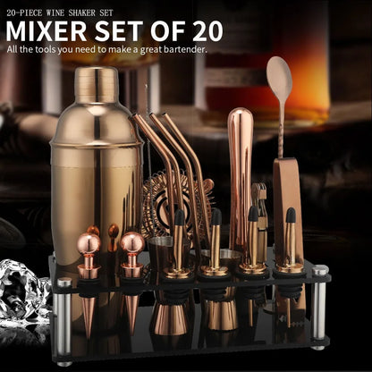 Cocktail-Shaker-Set, 20-teilig, Barkeeper-Set mit Ständer, Mixologie-Bar-Set, Getränkemixer-Set mit unverzichtbarem Zubehör, Werkzeug, Rezept-Broschüre