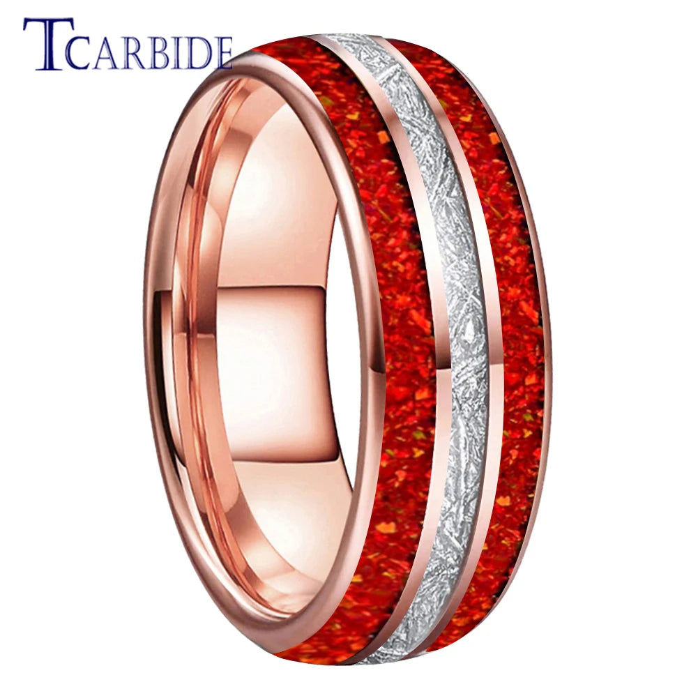 Dropshipping 8MM Männer Frauen Schöne Hochzeit Band Wolfram Rot Opal Ring mit Helle Meteorit Inlay Gewölbt Poliert Komfort Fit