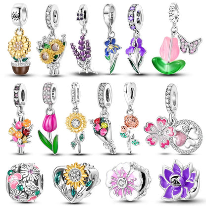 Blumen-Charms aus 925er Silber, Sonnenblumen-Tulpen-Anhänger, passend für Original-Pan-Armbänder zur Herstellung von Schmuck