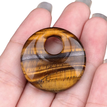 Gelbes Tigerauge, 30 mm, Donut-Edelstein-Charms für die Herstellung von Schmuck, 8 mm Loch, Polieren, runder Glücksmünzenschutz, Sicherheit, Heilung