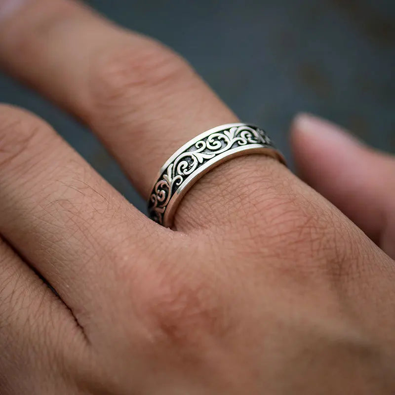 Retro Thai Silber Gras Muster Ring für Männer Trendy Vielseitig Personalisierter Schmuck Offene Einzelringe Fingerschmuck KOFSAC