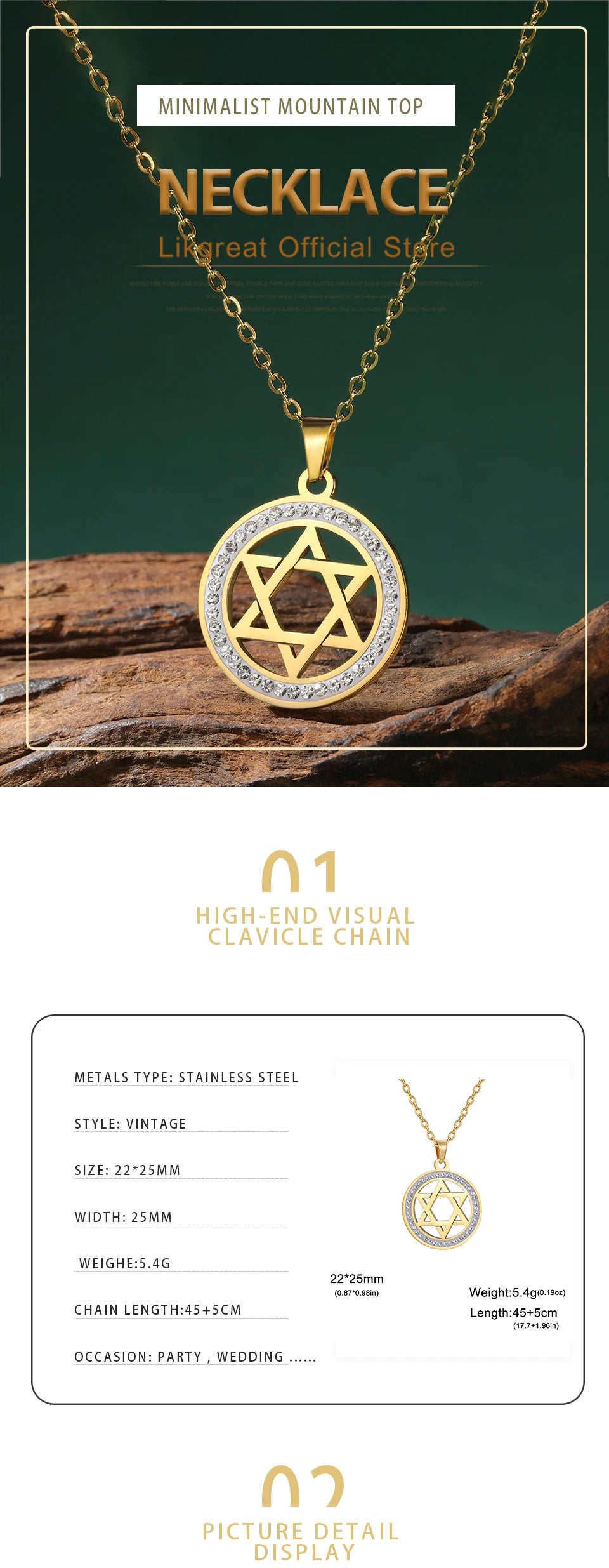 LIKGREAT Stern von David Edelstahl Vintage Halskette klar Zirkon runde Anhänger Halsketten Schmuck Hochzeits geschenk für Frauen Männer