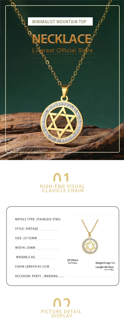 LIKGREAT Stern von David Edelstahl Vintage Halskette klar Zirkon runde Anhänger Halsketten Schmuck Hochzeits geschenk für Frauen Männer