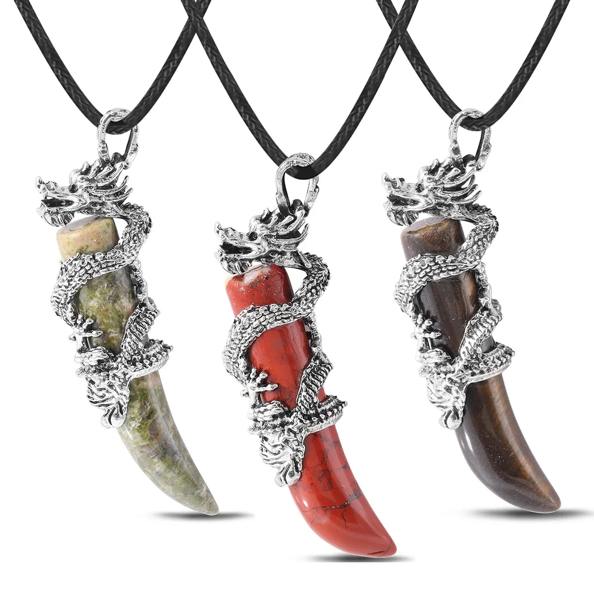 Vintage Herren Kristall-Halskette Drachen Naturstein Rosa Quarz Obsidian Amethyst Anhänger Edelstahl-Halsketten Amulett