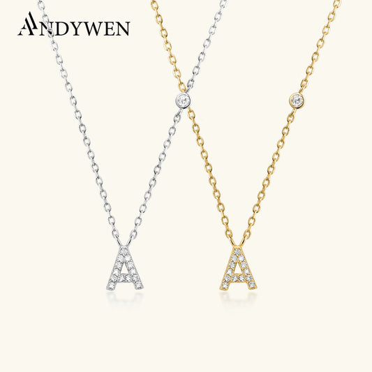ANDYWEN Halskette mit Monogramm-Anhänger aus 925er-Sterlingsilber, Gold, klein, 26 Buchstaben, A-Z, Zirkon, CZ, mit Monogramm, Me 2020, erstes Alphabet, M A-Schmuck