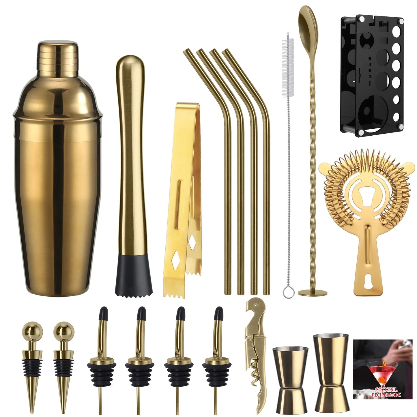Cocktail-Shaker-Set, 20-teilig, Barkeeper-Set mit Ständer, Mixologie-Bar-Set, Getränkemixer-Set mit unverzichtbarem Zubehör, Werkzeug, Rezept-Broschüre